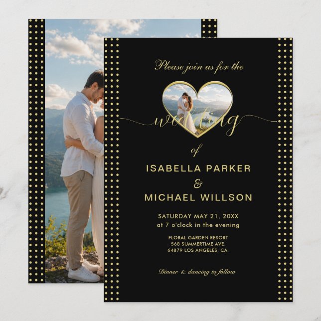 Convites Casamento personalizado com bolinhas douradas e pr (Frente/Verso)