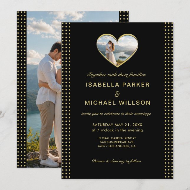 Convites Casamento personalizado com bolinhas douradas e pr (Frente/Verso)