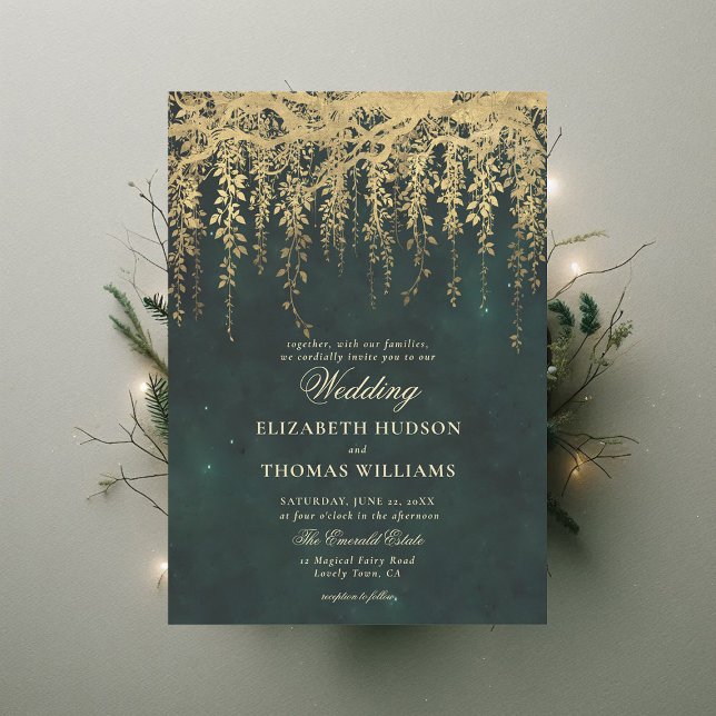 Convites Casamento Personalizado Da Floresta Dourada Encant (enchanted forest wedding invitation gold hanging greenery dark romantic emerald green modern chic)