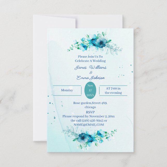 Convites Casamento Personalizado de Flor Azul Elegante (Frente)