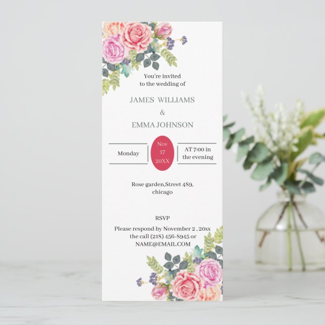 Convites Casamento Personalizado de Flor de Rosa Elegante (Em pé/Frente)