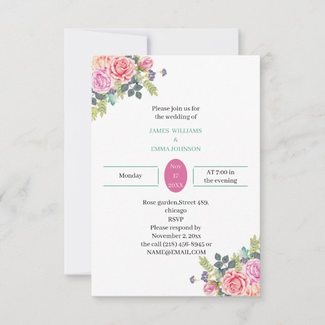 Convites Casamento Personalizado de Flor Rosa Elegante (Frente)