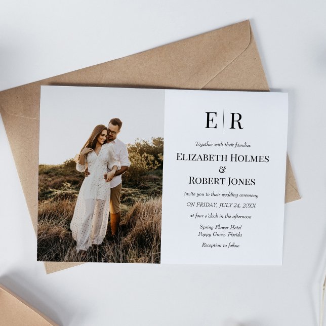 Convites Casamento Personalizado De Fotografia Do Monograma (Elegant Monogram Custom Photo Wedding Invitation on boho table)