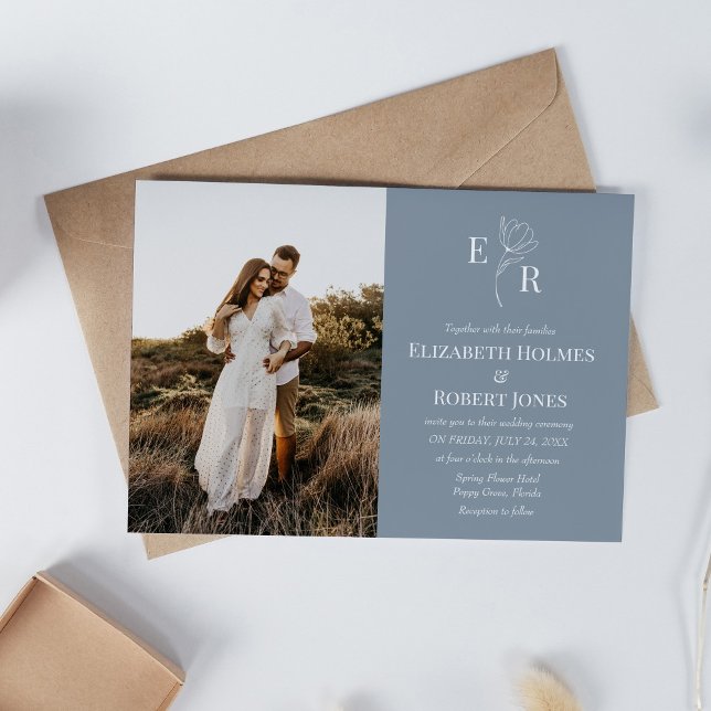 Convites Casamento Personalizado de Fotografia do Monograma (Dusty Blue Floral Monogram Custom Photo Wedding Invitation on white table with neutral decoration.)