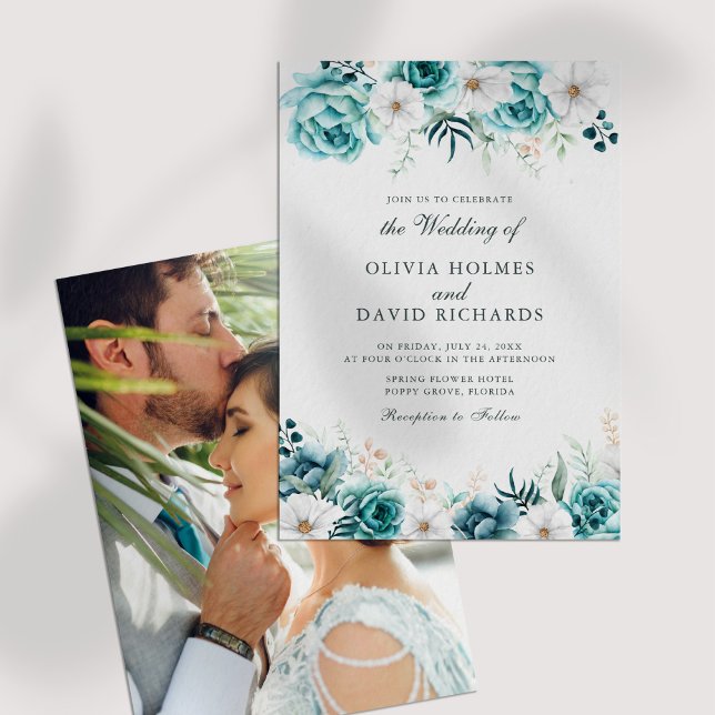 Convites Casamento Personalizado De Fotografia Fleal De Tea (Off-White Teal Floral Custom Photo Wedding Invitation on a white table.)