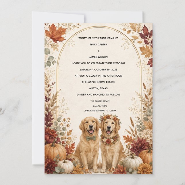 Convites Casamento Personalizado de Outono com Golden Retri (Frente)
