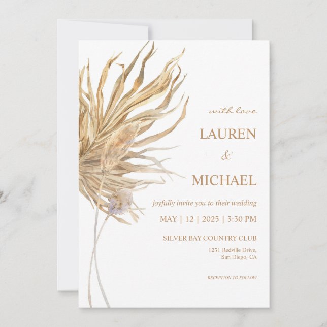 Convites Casamento Personalizado de Papiro Branco e Pampas (Frente)
