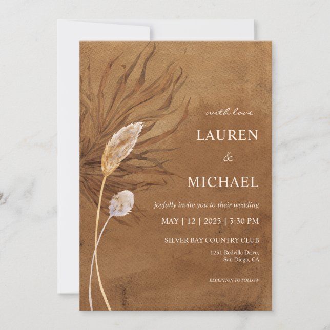 Convites Casamento Personalizado de Papiro Marrom e Pampas (Frente)