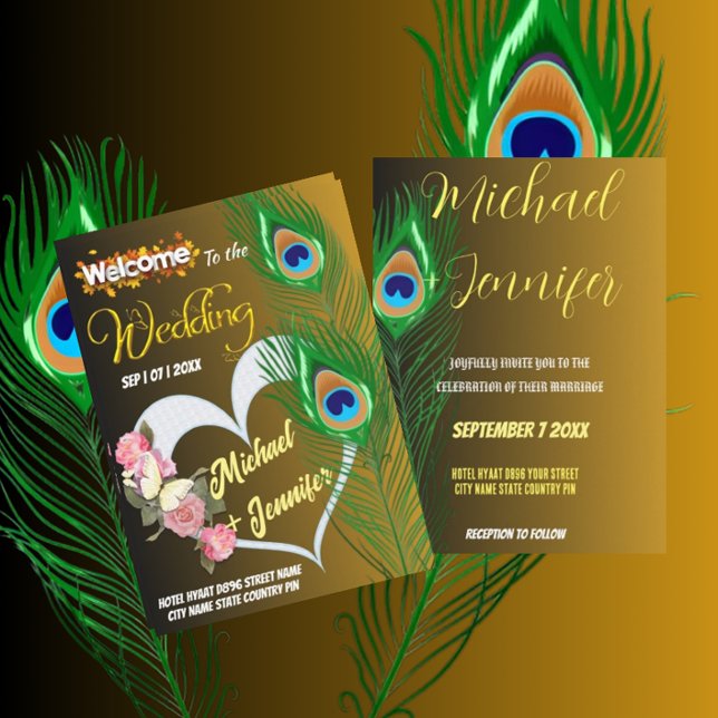 Convites Casamento Personalizado De Rosa E Pavão Elegante (Criador carregado)