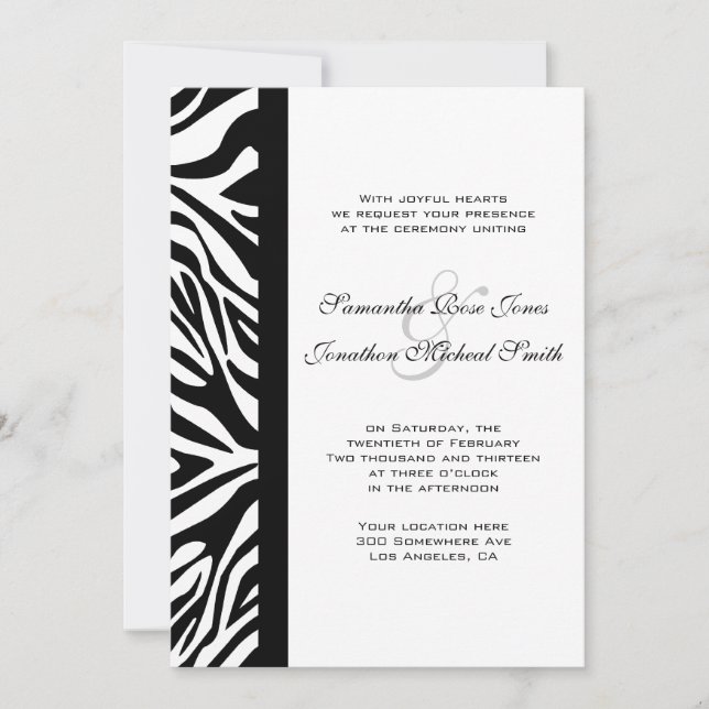 Convites Casamento Personalizado de Zebra Negra e Branca (Frente)