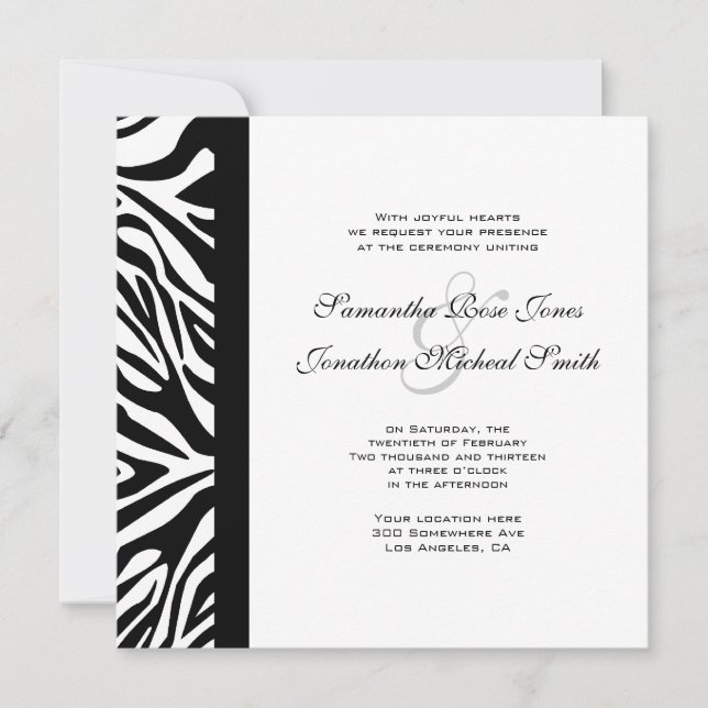 Convites Casamento Personalizado de Zebra Negra e Branca (Frente)
