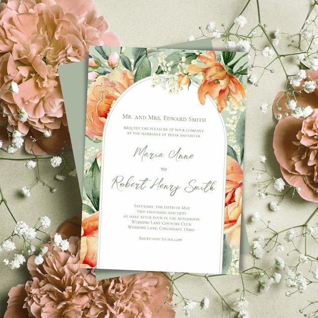 Convites Casamento Personalizado Do Arco Floral Peach Elega (Wedding beautiful peach floral invitations.)