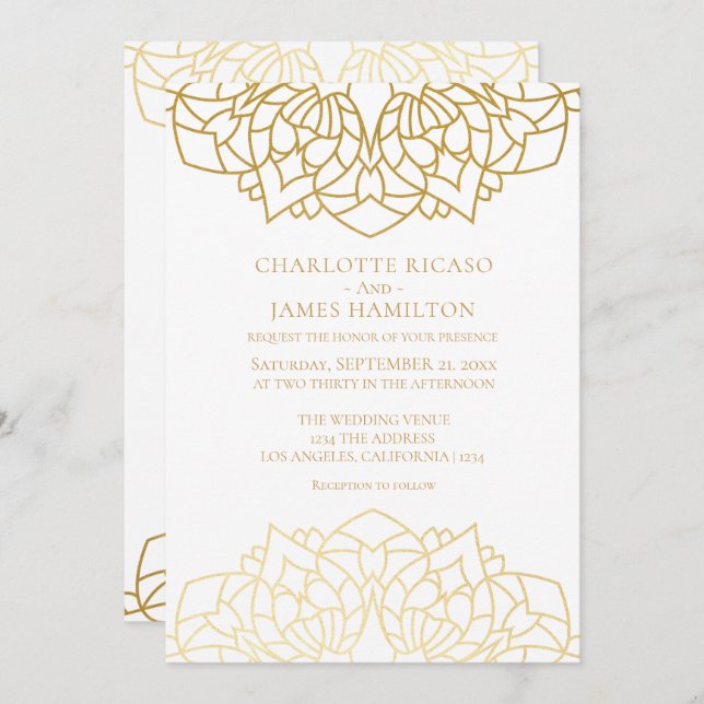 Convites Casamento Personalizado do Padrão Branco Dourado M (Frente/Verso)