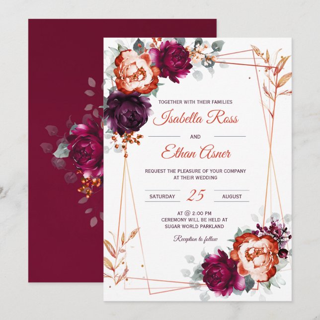 Convites Casamento Personalizado em Ameixa, Malva e Laranja (Frente/Verso)