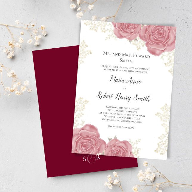 Convites Casamento Personalizado Floral Elegante Burgundy (Elegant burgundy wedding invitation.)