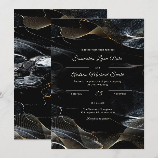 Convites Casamento Personalizado Preto Branco e Dourado (Frente/Verso)