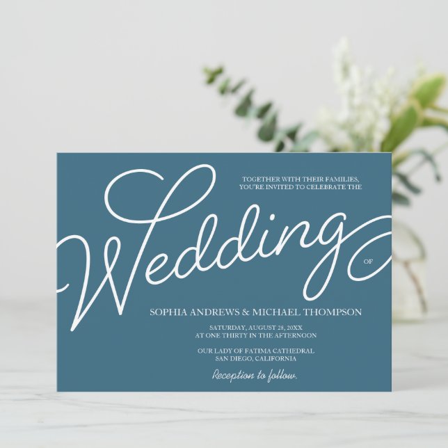Convites Casamento Personalizado Romântico Azul e Branco (Em pé/Frente)