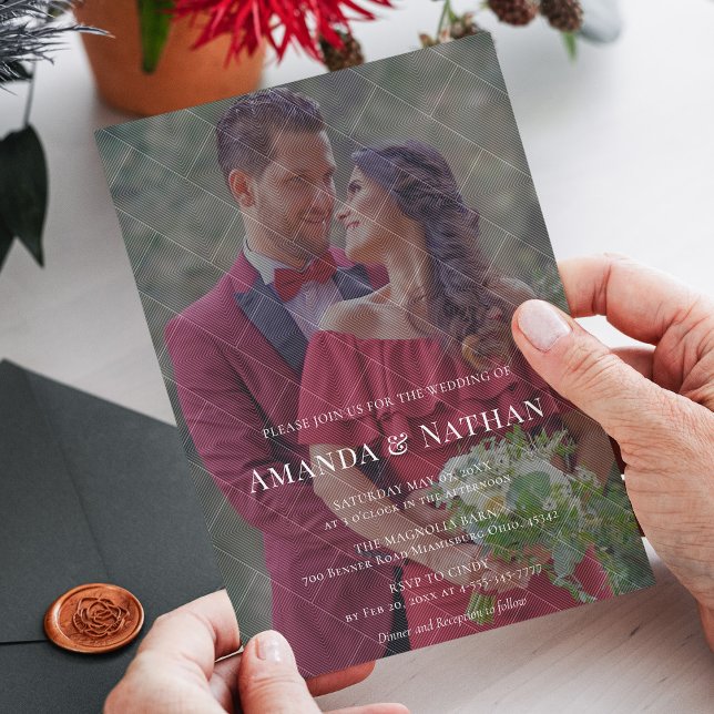 Convites Casamento Personalizável de Fotografias com Strike (Modern Diagonal Striped Photo Stylish Wedding Invitation)