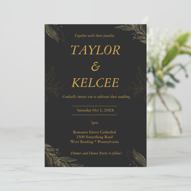 Convites Casamento PERSONALIZÁVEL Dourado de luxo negro (Em pé/Frente)