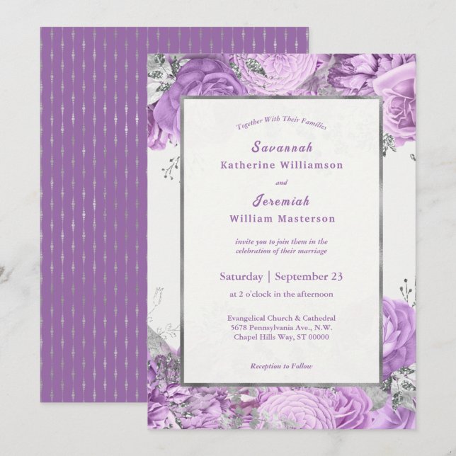 Convites Casamento Personalizável Floral de Prata Lilac (Frente/Verso)