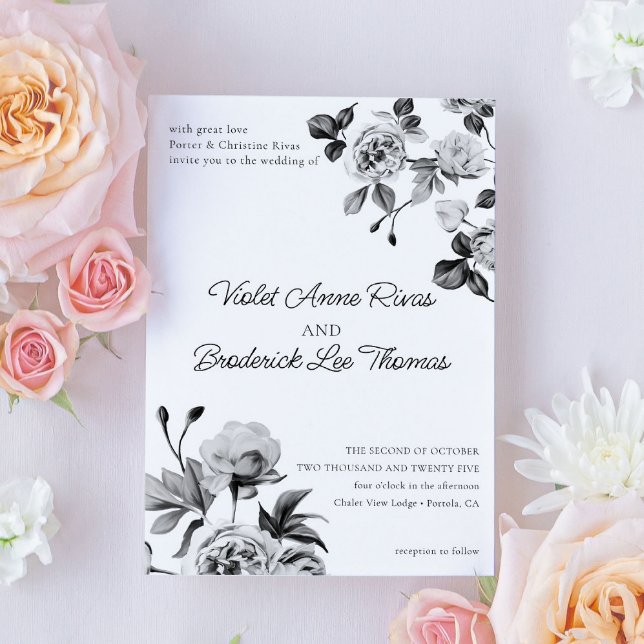 Convites Casamento Personalizável Floral Preto e Branco (Criador carregado)