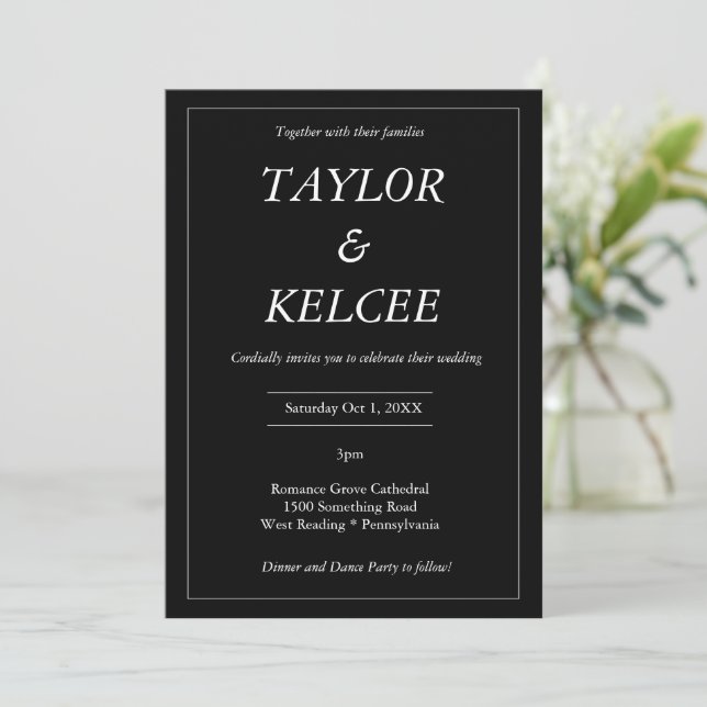 Convites Casamento PERSONALIZÁVEL Mínimo Preto e Branco (Em pé/Frente)