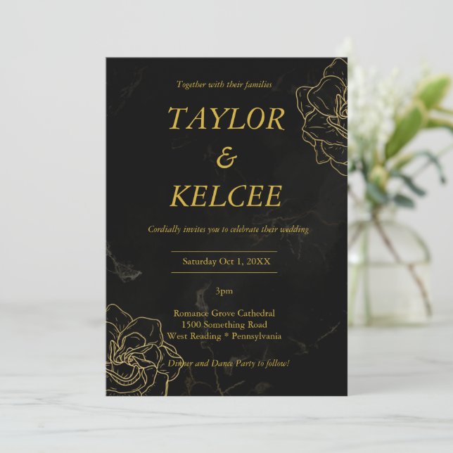 Convites Casamento PERSONALIZÁVEL Preto e Dourado Elegante (Em pé/Frente)