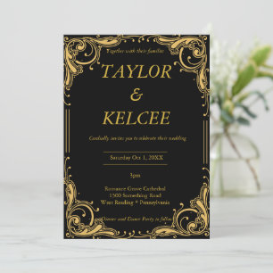 Convites Casamento PERSONALIZÁVEL Preto e Dourado Elegante