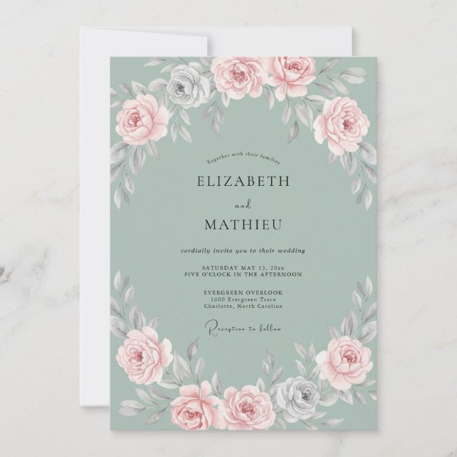 Convites Casamento Pétala Água Marinha Aço Rosado (Frente)