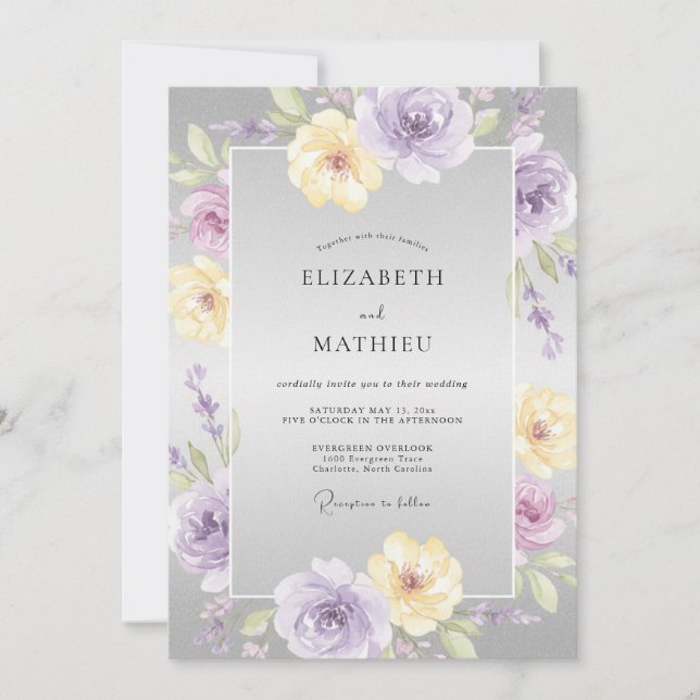 Convites Casamento Pétala Amarela Lilás (Frente)