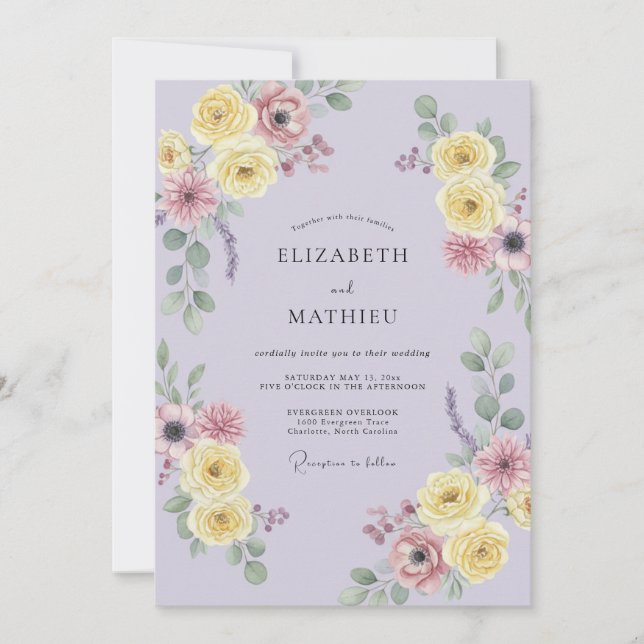 Convites Casamento Pétala Amarela Lilás Suave (Frente)