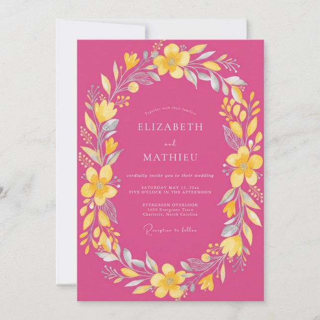 Convites Casamento Pétala Amarelo Magenta (Frente)