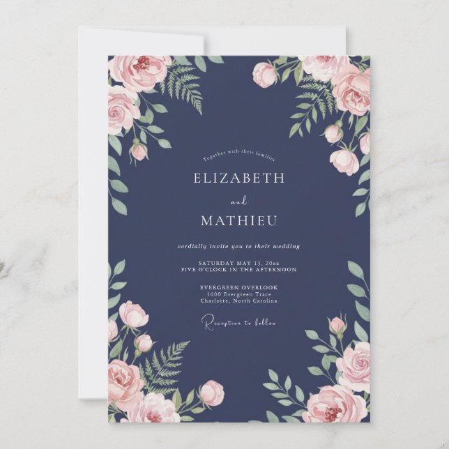 Convites Casamento Pétala Aquarela Meia-Noite (Frente)