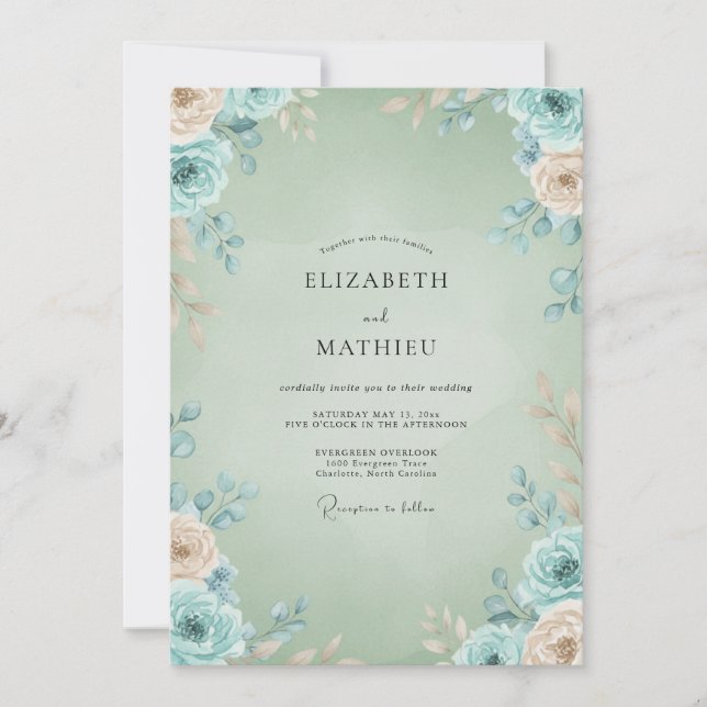 Convites Casamento Pétala Aquática Celadon (Frente)