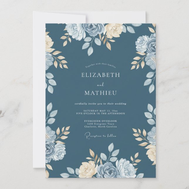 Convites Casamento Pétala Azul Ardósia (Frente)