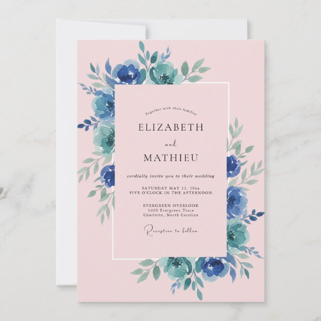 Convites Casamento Pétala Azul Bege (Frente)