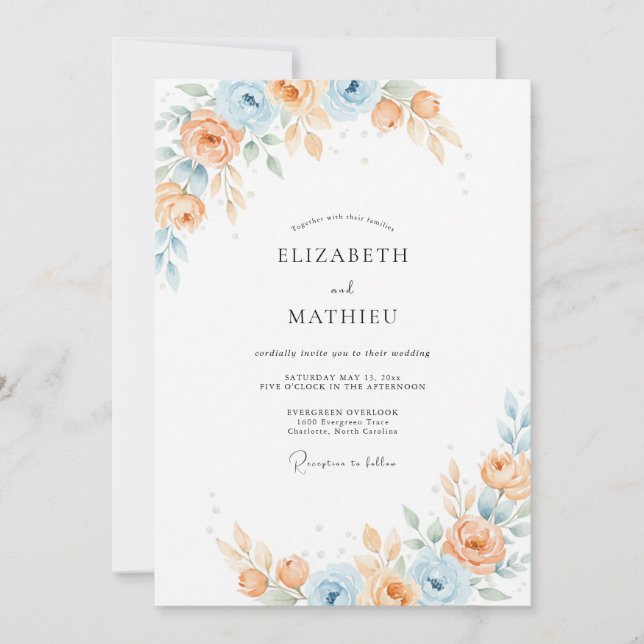 Convites Casamento Pétala Azul Bege Quente (Frente)