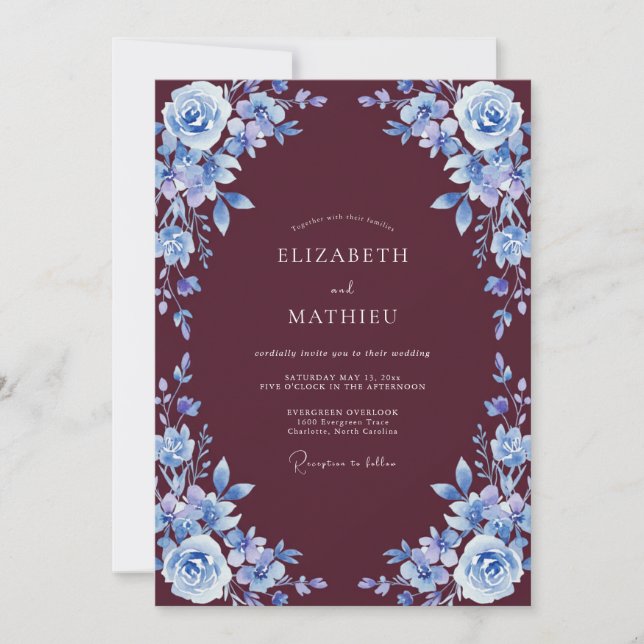 Convites Casamento Pétala Azul Borgonha (Frente)