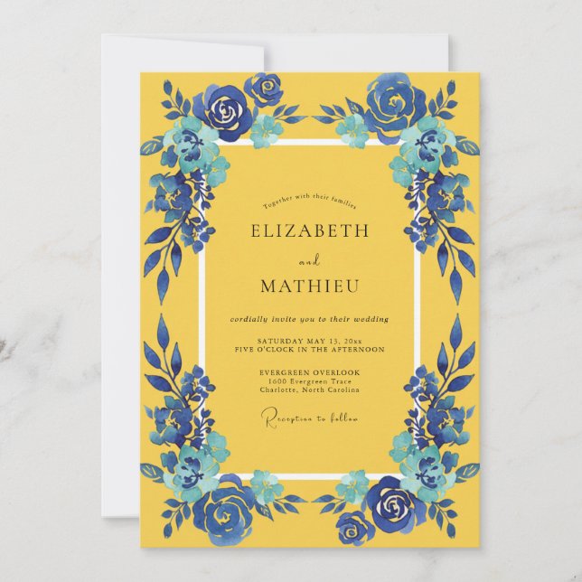 Convites Casamento Pétala Azul Dourado (Frente)