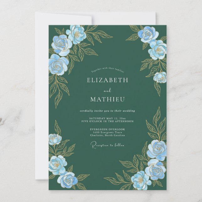 Convites Casamento Pétala Azul Evergreen (Frente)