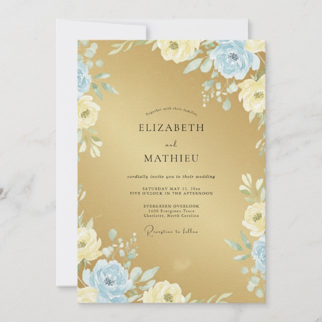 Convites Casamento Pétala Azul Ouro (Frente)
