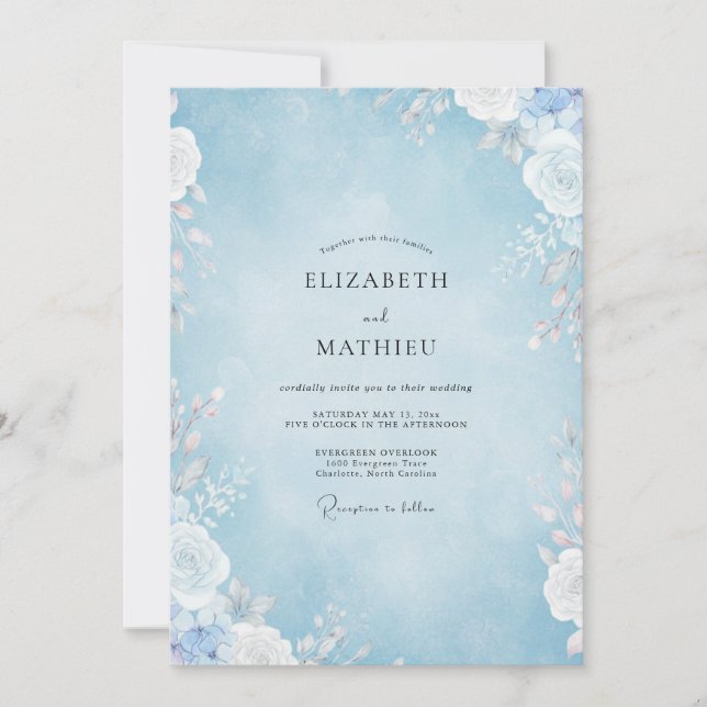 Convites Casamento Pétala Azul Pó (Frente)