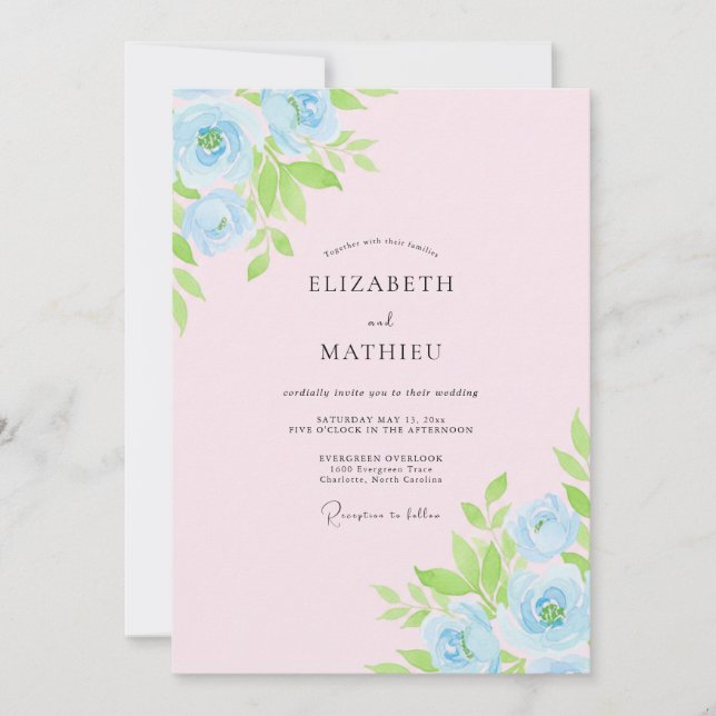 Convites Casamento Pétala Azul Rosa em Pó (Frente)