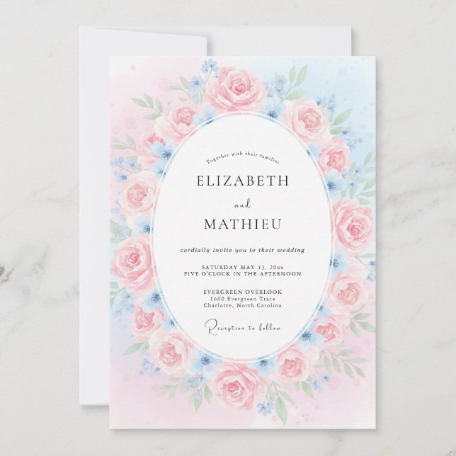 Convites Casamento Pétala Azul Rosa Suave (Frente)