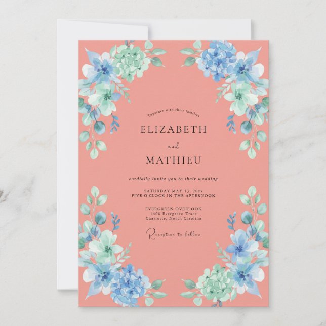 Convites Casamento Pétala Azul Salmão (Frente)