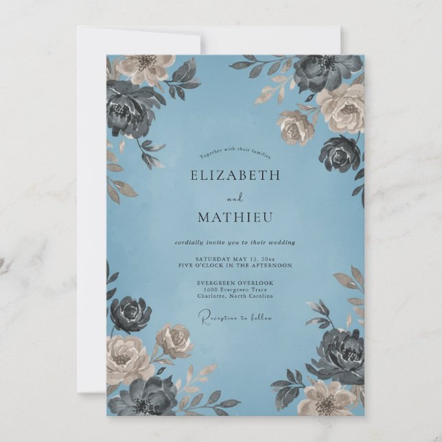 Convites Casamento Pétala Azul Slate Pressionado (Frente)