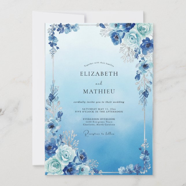 Convites Casamento Pétala Azul Vintage (Frente)