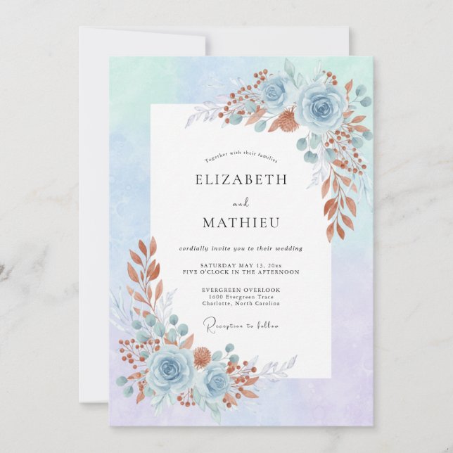 Convites Casamento Pétala Azulado Cobre (Frente)
