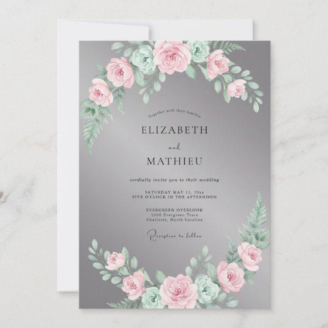 Convites Casamento Pétala Bege Rosa Ardósia (Frente)