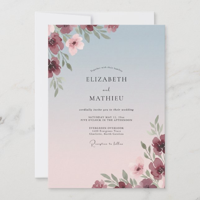 Convites Casamento Pétala Bege Rosa Vinho (Frente)